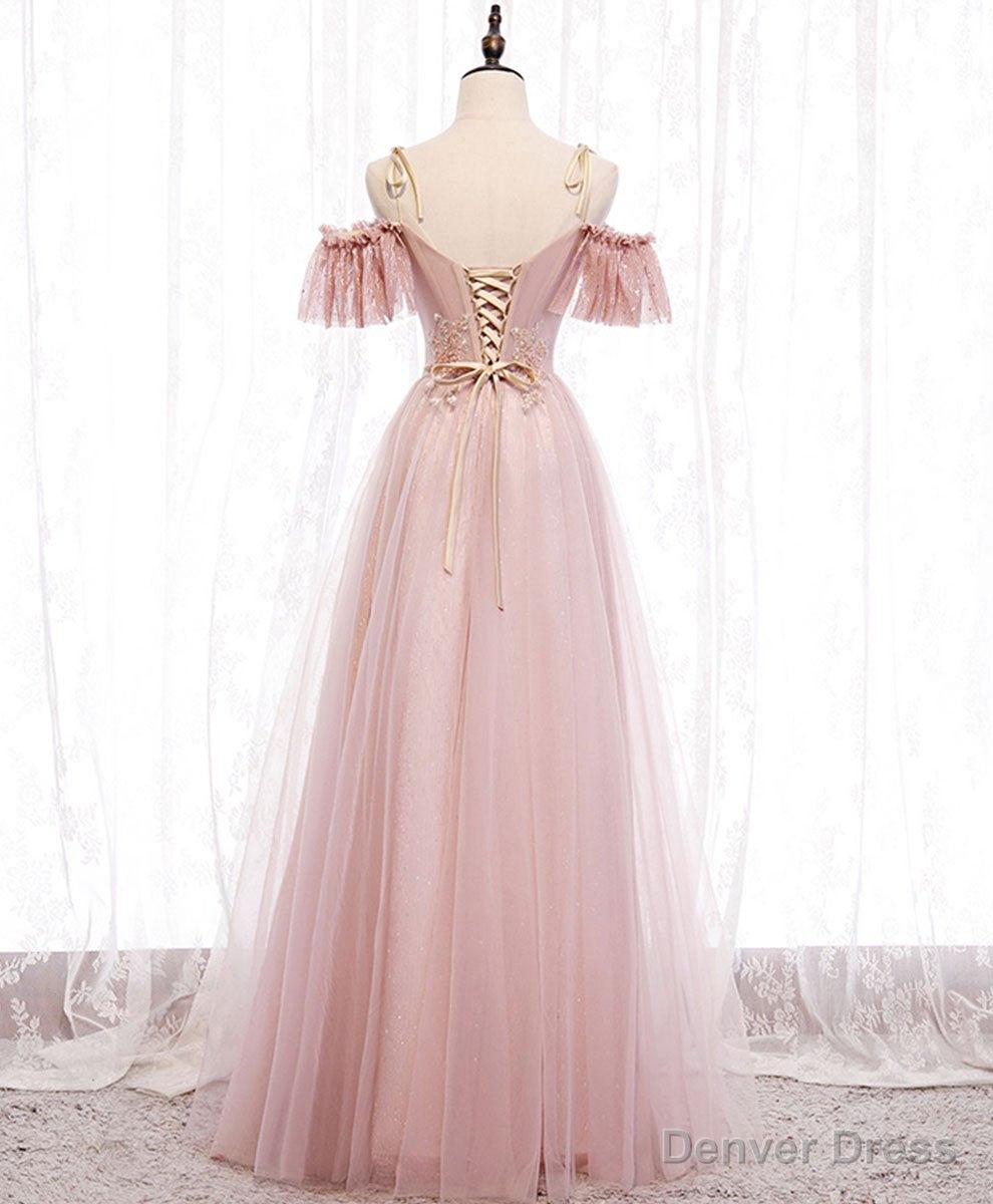 Pink V Neckline Lace Off Shoulder Long Prom Dress, Pink Floor Length Prom Dresses