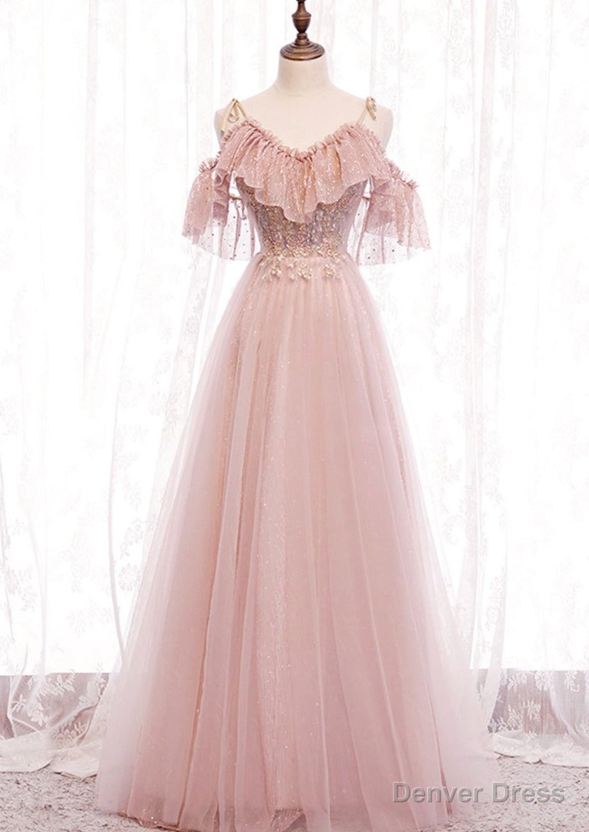 Pink V Neckline Lace Off Shoulder Long Prom Dress, Pink Floor Length Prom Dresses