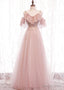 Pink V Neckline Lace Off Shoulder Long Prom Dress, Pink Floor Length Prom Dresses