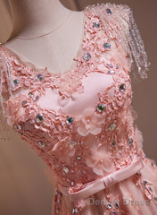 Pink V-Neckline Tulle Beaded With Lace Applique Prom Dress, Pink Party Dress
