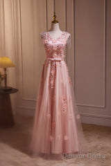 Pink V-Neckline Tulle Beaded With Lace Applique Prom Dress, Pink Party Dress