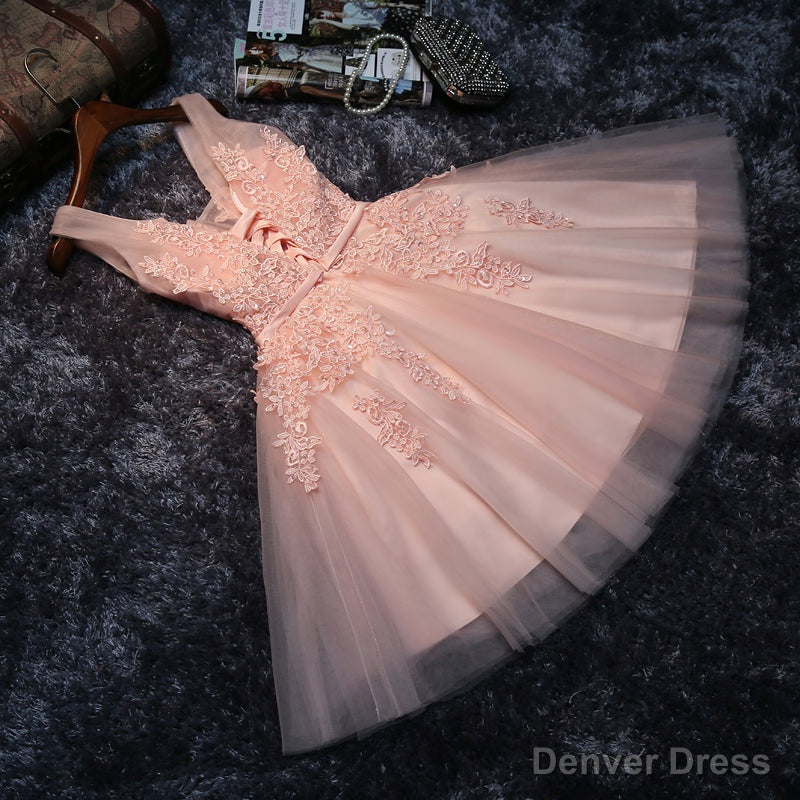 Pink V-neckline Tulle Knee Length Party Dress, Lovely Tulle Formal Dress Main image