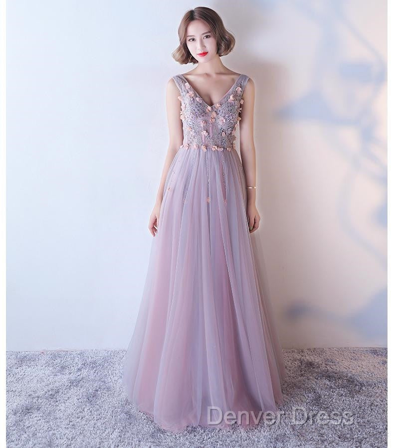 Pink V-Neckline Tulle With Flowers Beaded Long Party Dresses, Junior Prom Dresses Secondary image