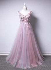 Pink V-Neckline Tulle With Flowers Beaded Long Party Dress, Junior Prom Dresses