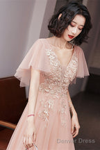 Pink V-Neckline Tulle With Lace Applique Long Prom Dress, Pink A-Line Party Dress