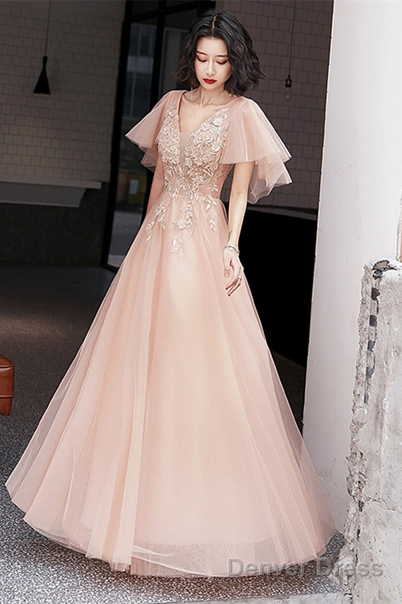 Pink V-Neckline Tulle With Lace Applique Long Prom Dress, Pink A-Line Party Dress Main image