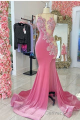 Pink Velvet Applique Beaded Prom Dresses, Sexy Mermaid Slit Evening Dresses