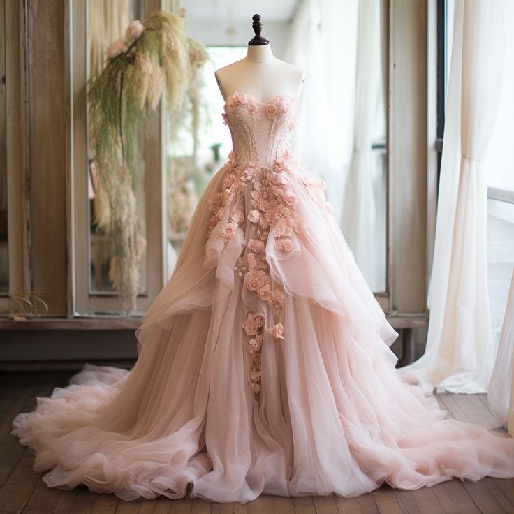 Pink Vintage A-Line Sweetheart Lace Tulle Long Prom Gowns Applique Wedding Dresses Main image