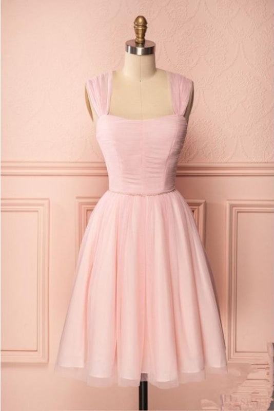 Pink Vintage Tulle Knee Length Homecoming Dress Straps Graduation Dresses