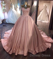 Pink Wedding Dresses Taffeta Ball Gowns Lace Appliques Sweetheart