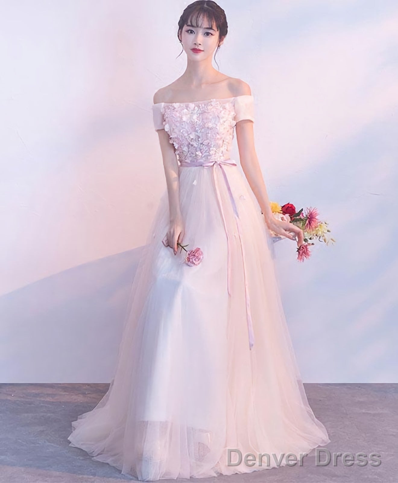 Pink Tulle Off Shoulder Long Prom Dress Pink Prom Dresses