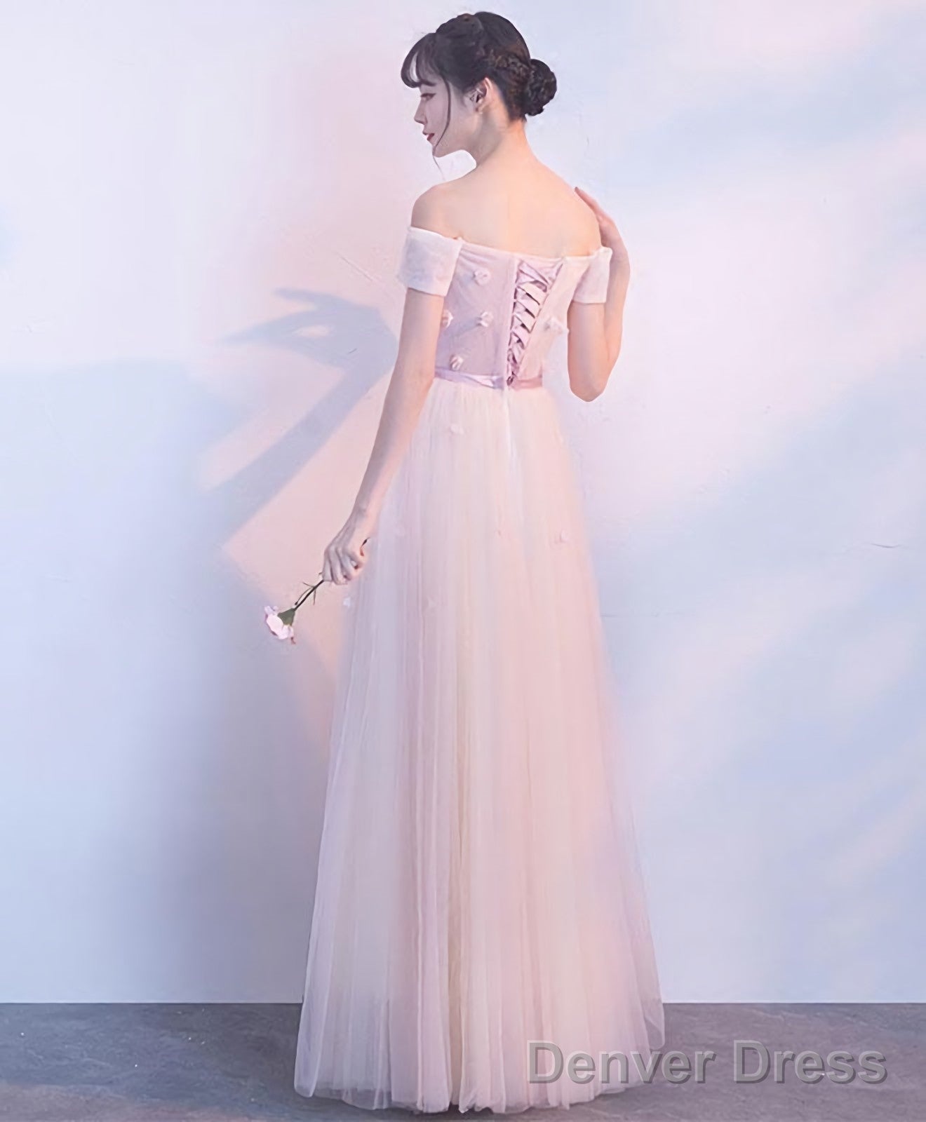 Pink Tulle Off Shoulder Long Prom Dress Pink Prom Dresses