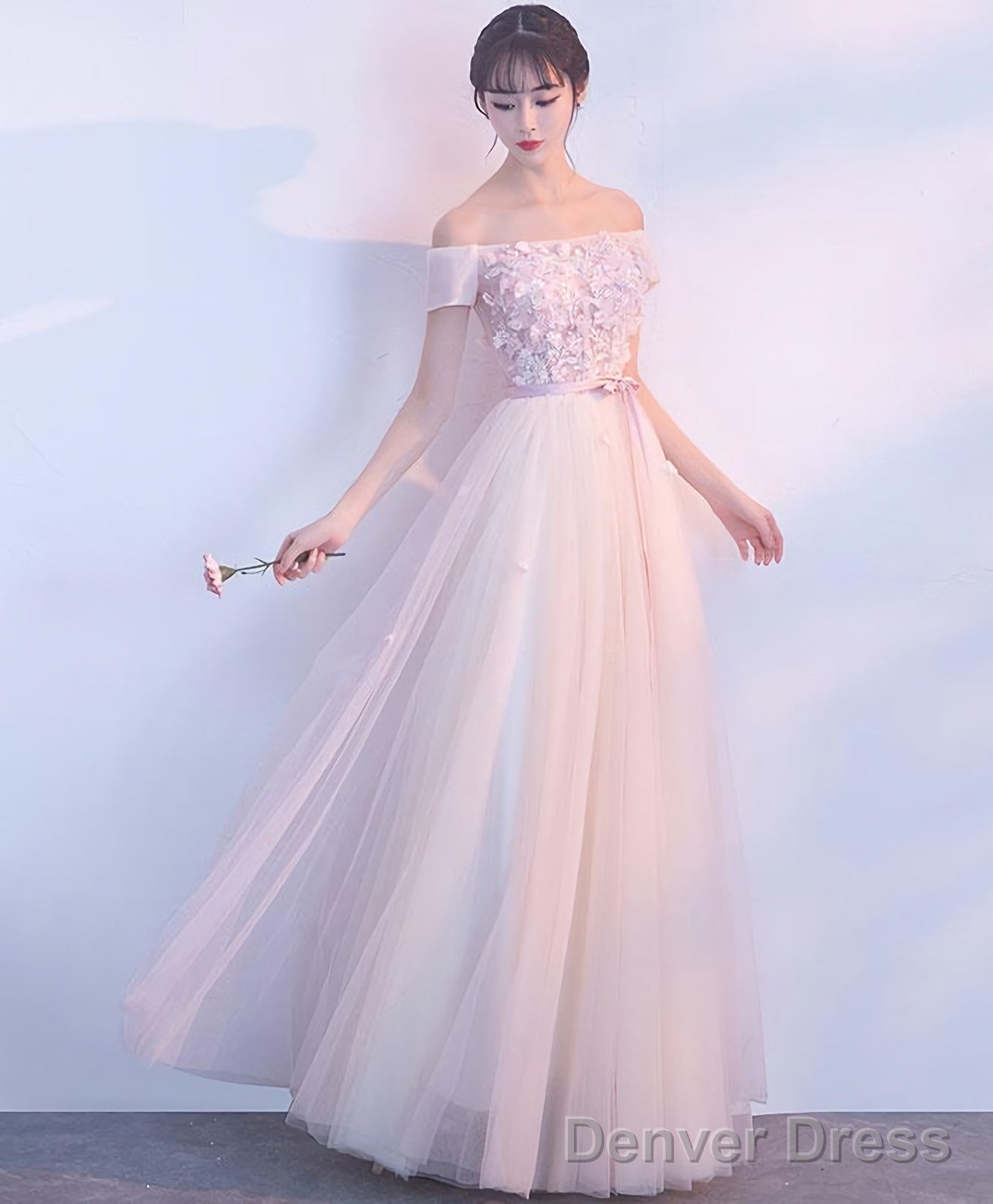 Pink Tulle Off Shoulder Long Prom Dress Pink Prom Dresses