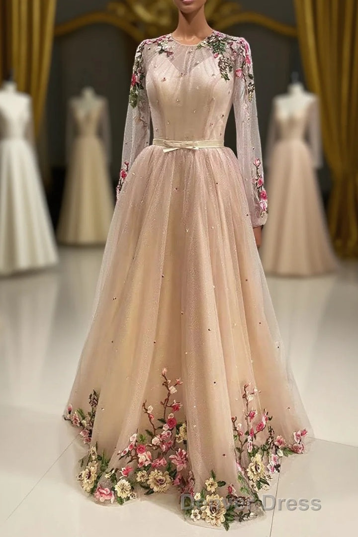 A Line Tulle Long Prom Dresses with Flowers, Pink Long Sleeves Party Dresses with Beading Main image