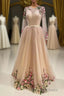 A Line Tulle Long Prom Dresses with Flowers, Pink Long Sleeves Party Dresses with Beading