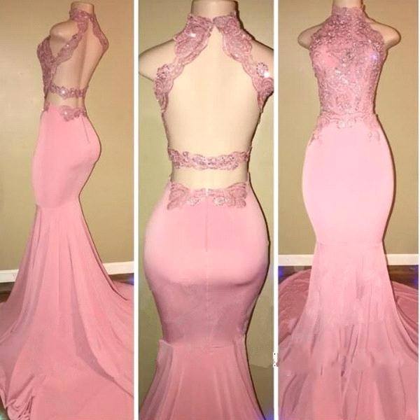 Alluring Pink Mermaid Long Sleeves Backless Elastic Satin Open Front High Neck Prom Dresses 2024