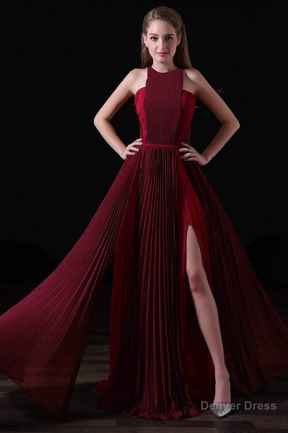 Pleat Draped Side Slit Off Shoulder Zipper Burgundy Bridesmaid Dresses