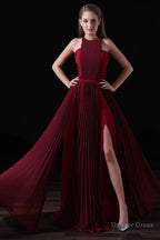 Pleat Draped Side Slit Off Shoulder Zipper Burgundy Bridesmaid Dresses