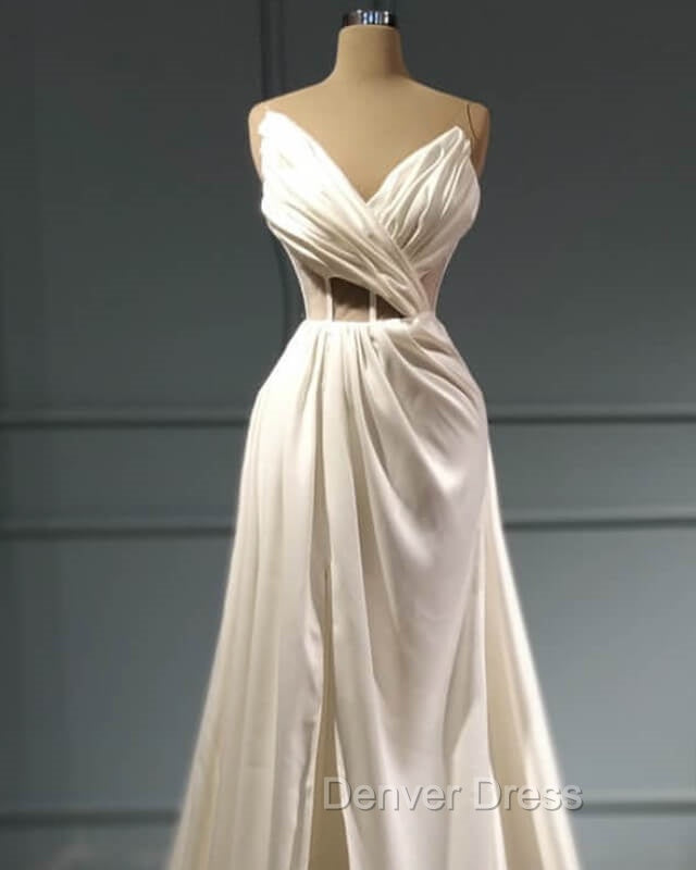 Pleated V Neck High Slit Satin Wedding Dresses Secondary image