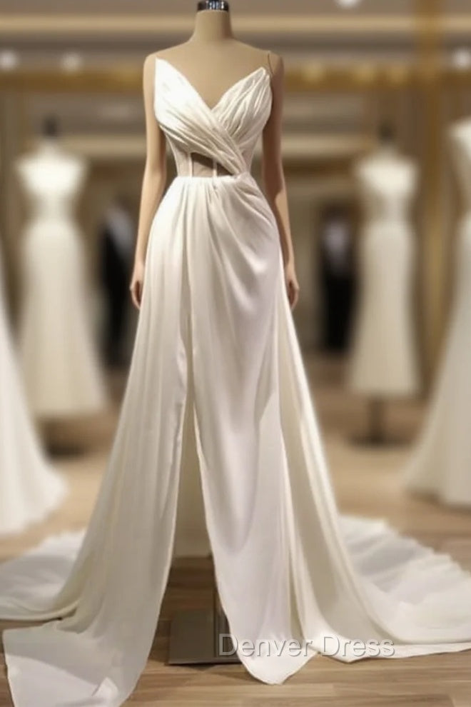 Pleated V Neck High Slit Satin Wedding Dresses Main image