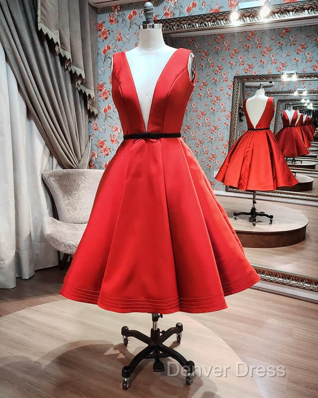 Plunging Neck Black Sashes Satin Knee Length Dresses Secondary image