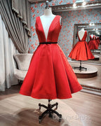 Plunging Neck Black Sashes Satin Knee Length Dresses