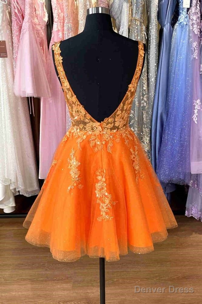 Plunging Neck Orange Appliques Short Party Dress Secondary image