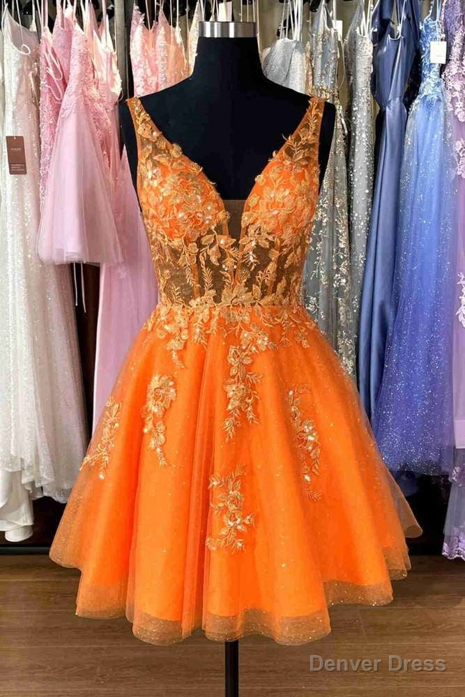 Plunging Neck Orange Appliques Short Prom Dresses Main image