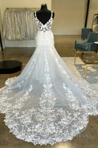 Plunging V Neck Appliques Trumpet Sweeping Wedding Dresses