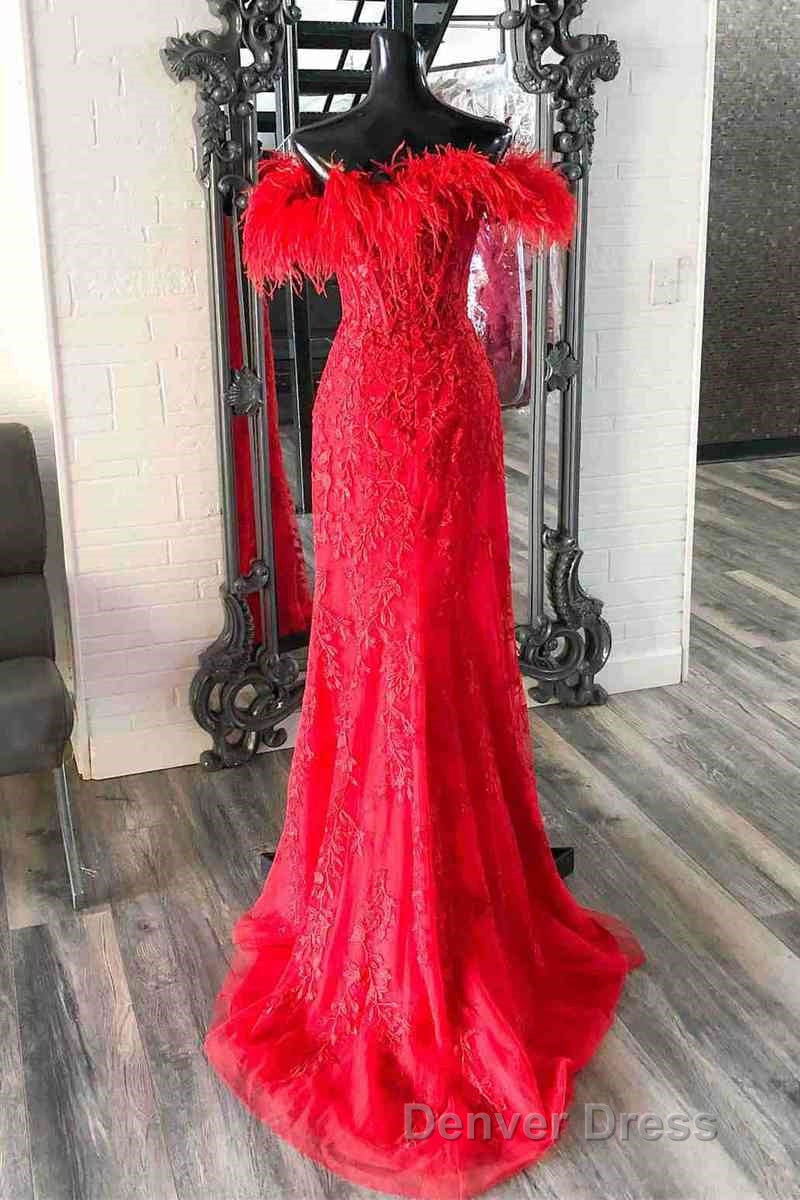 Plunging V Neck Red Feather Shoulder Long Prom Dresses Gala Prom Gowns