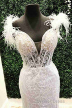 Plunging V-Neck Red Feather Shoulder Long Prom Dresses Gala Evening Gown