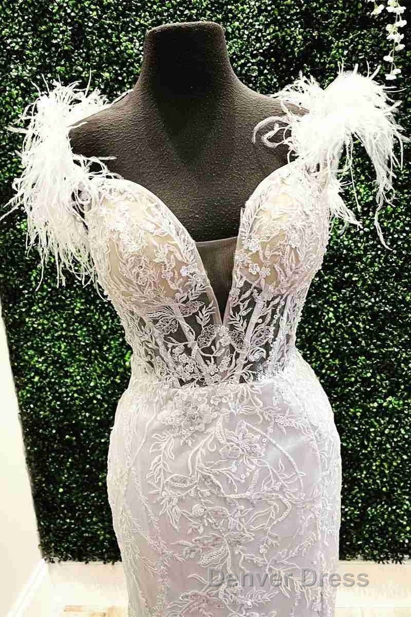 Plunging V-Neck Red Feather Shoulder Long Prom Dresses Gala Evening Gown