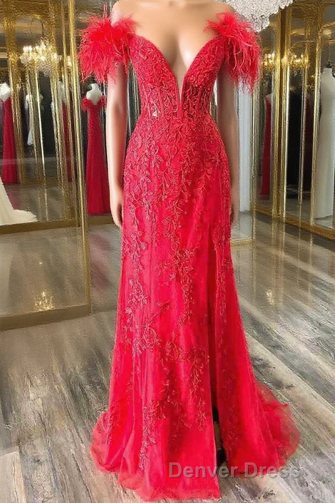 Plunging V-Neck Red Feather Shoulder Long Prom Dresses Gala Evening Gown