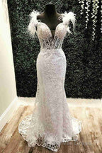 Plunging V-Neck Red Feather Shoulder Long Prom Dresses Gala Evening Gown