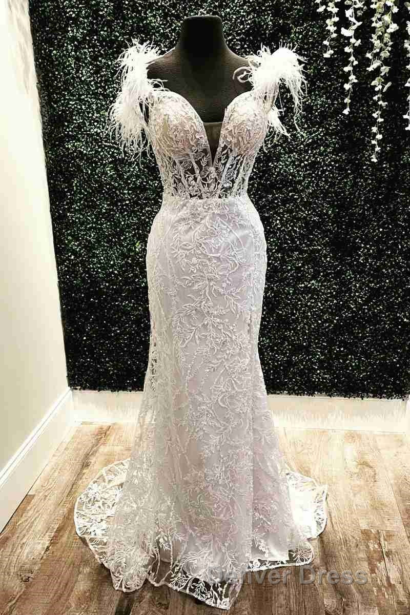 Plunging V Neck Red Feather Shoulder Long Prom Dresses Gala Prom Gowns