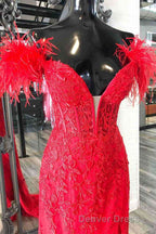 Plunging V-Neck Red Feather Shoulder Long Prom Dresses Gala Evening Gown