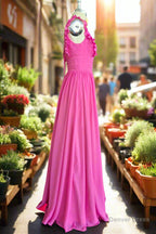 Plunging V Neck Ruffles Pleated Fuchsia Bridesmaid Dresses With Silt