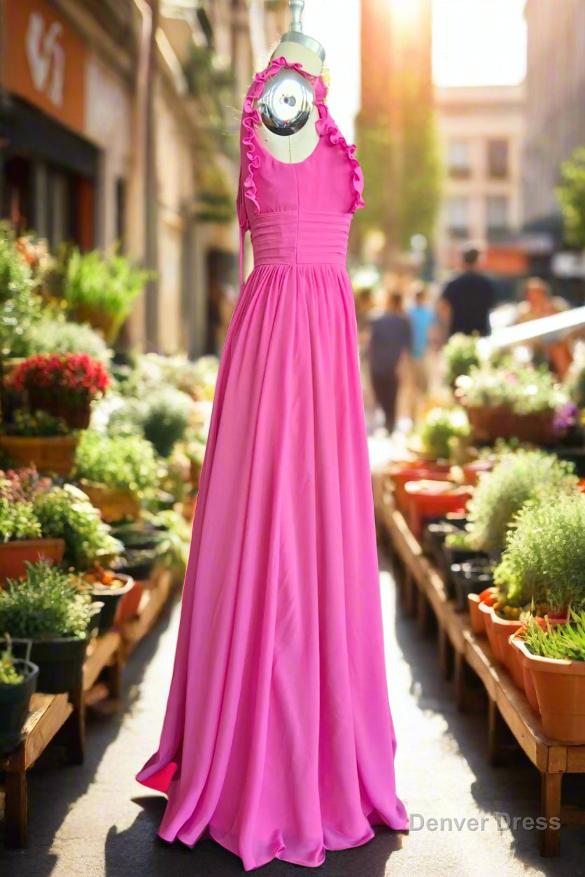 Plunging V Neck Ruffles Pleated Fuchsia Bridesmaid Dresses With Silt