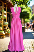 Plunging V Neck Ruffles Pleated Fuchsia Bridesmaid Dresses With Silt