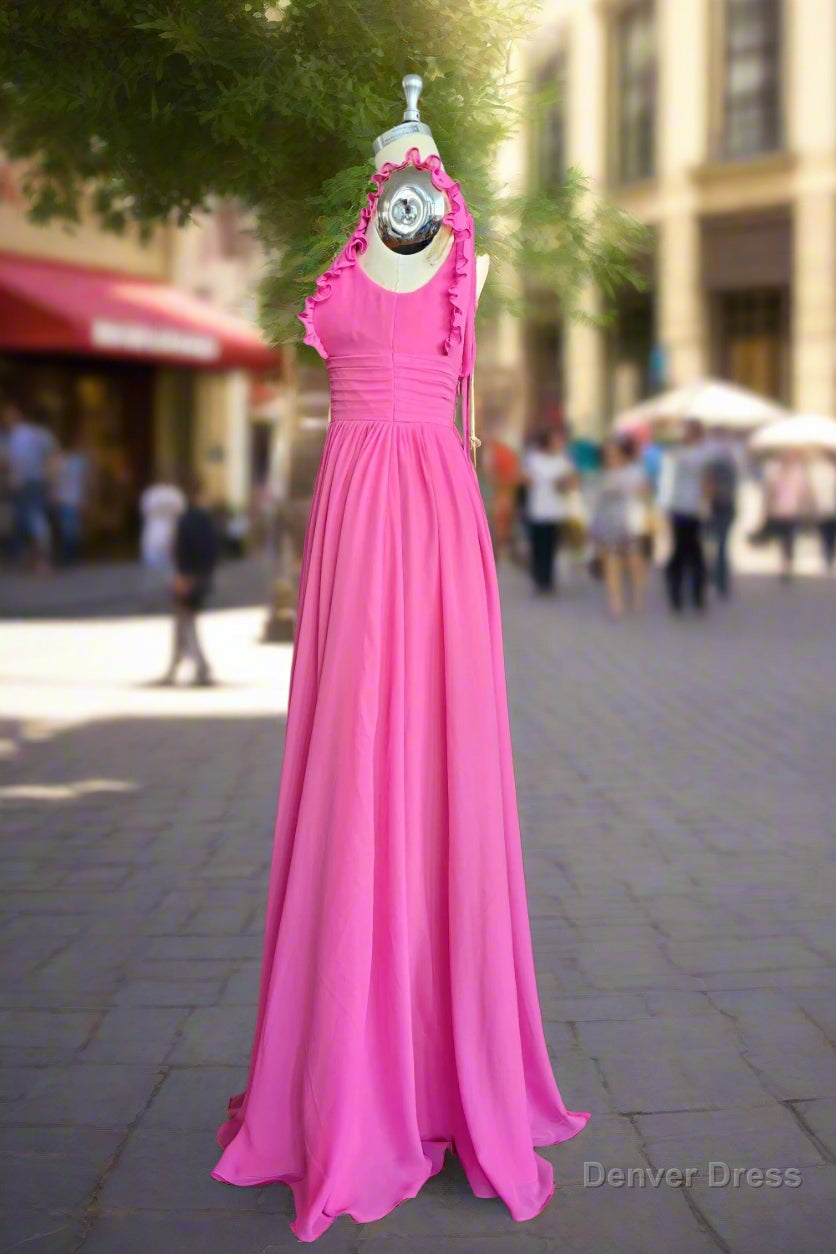 Plunging V-neck Ruffles Pleated Fuchsia Bridesmaid Dress With Silt