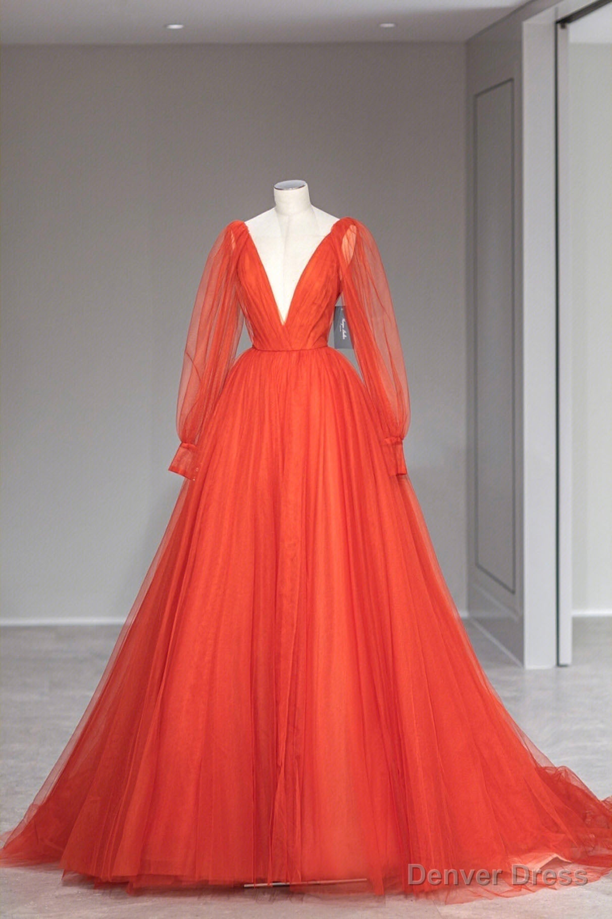 Plunging V-Neck Tulle Floor Length Formal Dress, Orange Long Sleeve Prom Dress Main image