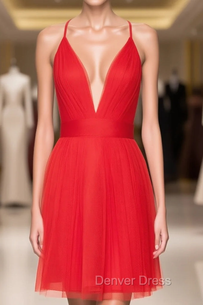 Plunging V Neck Tulle Short A Line Homecoming Dresses With Pleated