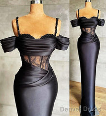 Plus Size Arabic Aso Ebi Black Lace Beaded Prom Dresses Spaghetti Sheath Satin Evening Formal Party Second Reception Gowns