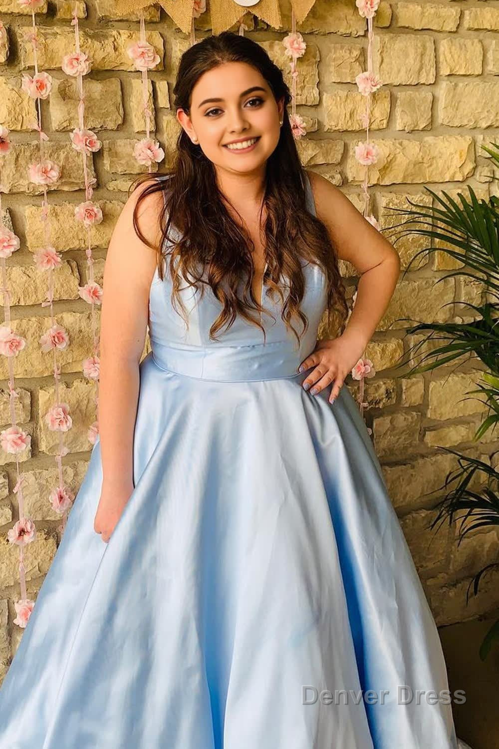 plus size deep v neck satin light blue long prom dress