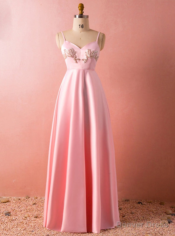 Plus Size Pink Spaghetti Straps Satin Backless Floor Length Prom Dresses Main image