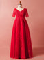 Plus Size Red Lace Tulle Short Sleeve V Neck Prom Dresses