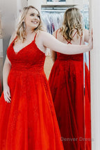 Plus Size Red Tulle Long Prom Dresses with Appliques