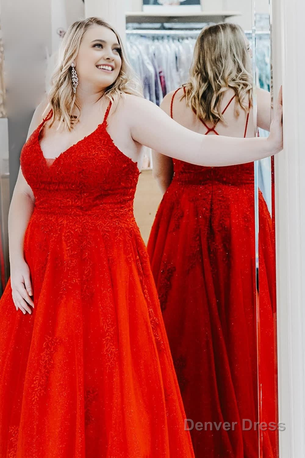 Plus Size Red Tulle Long Prom Dresses with Appliques