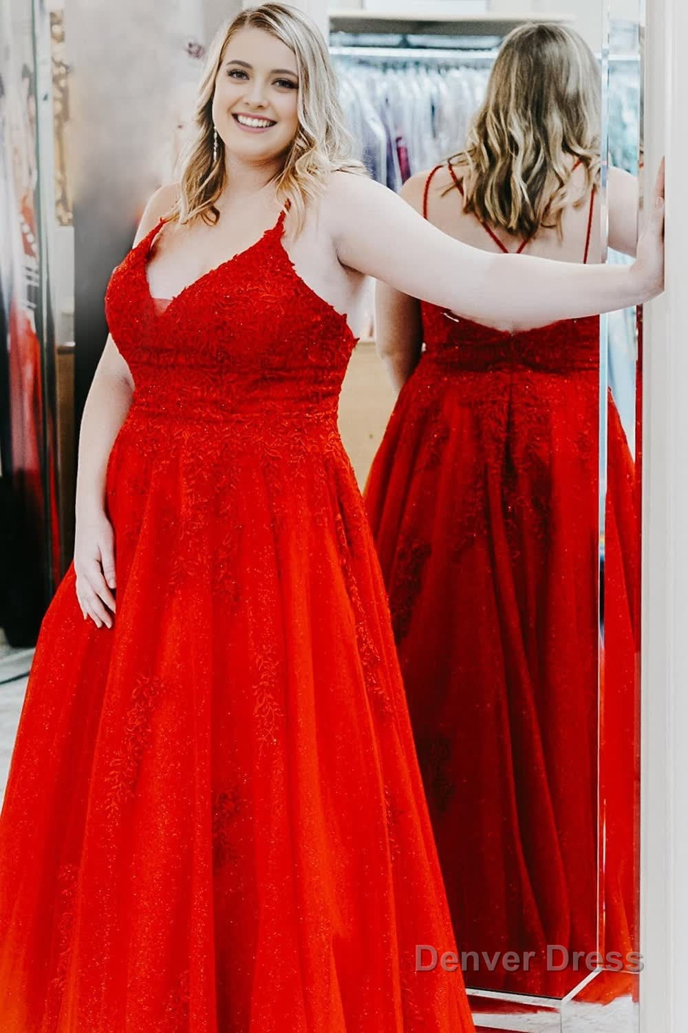 Plus Size Red Tulle Long Prom Dresses with Appliques