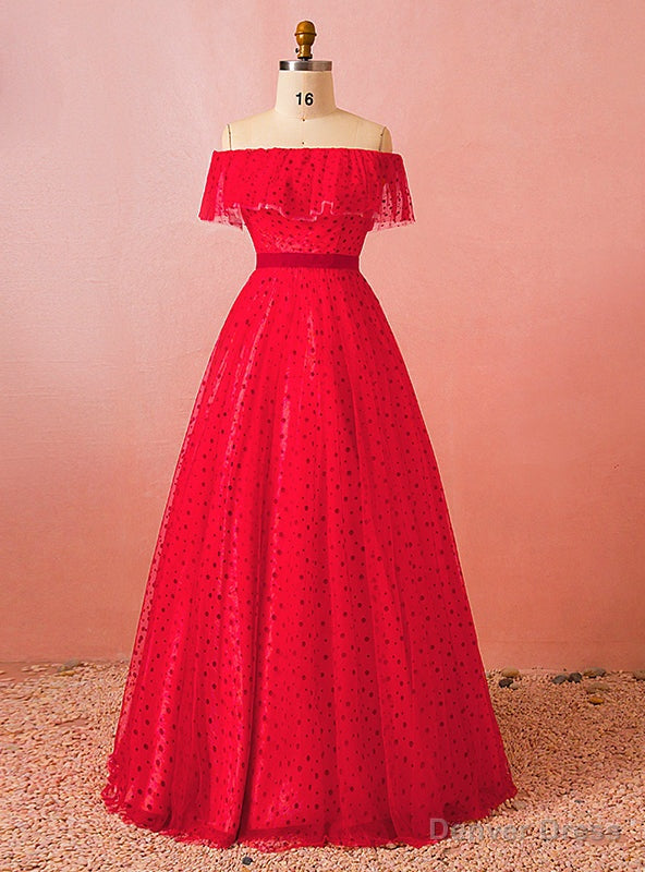 Plus Size Red Tulle Wave Point Off The Shoulder Floor Length Prom Dresses Main image